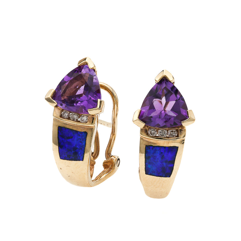 ReMarkable Estate Estate Collection Dangle Color Gemstone Earrings in 14 Karat Yellow Gold with 2 Trillian Amethysts 7.5mm