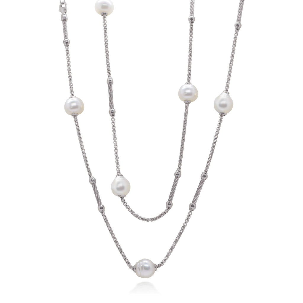 Stainless steel necklace with South Sea pearls.