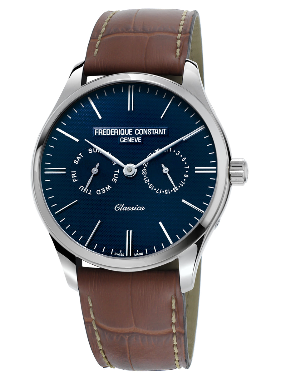 Blue dial, brown leather strap, stainless steel case.
