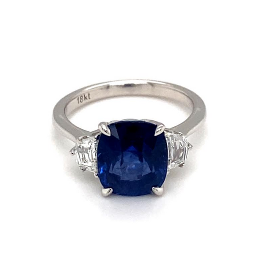 Color Gemstone Ring in 18 Karat White with 1 Cushion Sapphire 4.72ctw