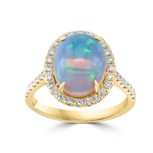 Halo Color Gemstone Ring in 14 Karat Yellow with 1 Oval Opal 3.45ctw