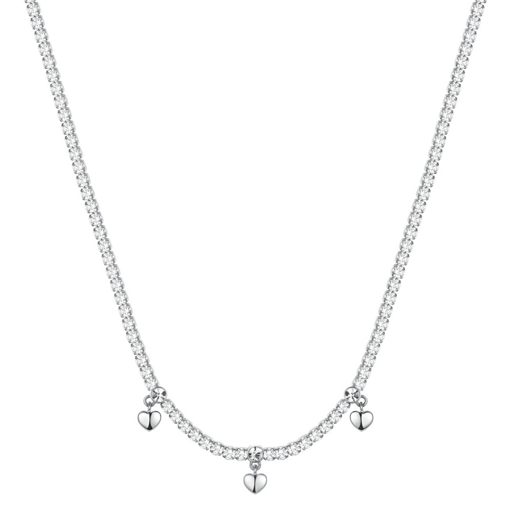 Simulated diamond necklace with heart charms.