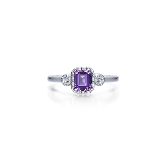Color Gemstone Ring in Platinum Bonded Sterling Silver White with 1 Emerald Simulated Amethyst