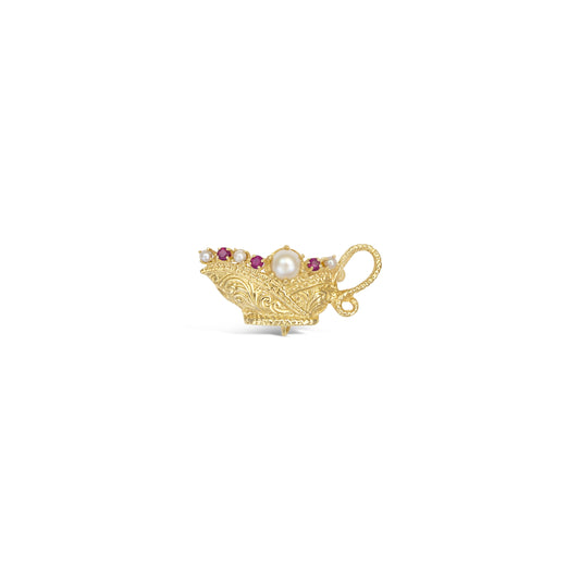 14K Yellow Gold Ruby and Pearl Fancy Cup Pin Brooch