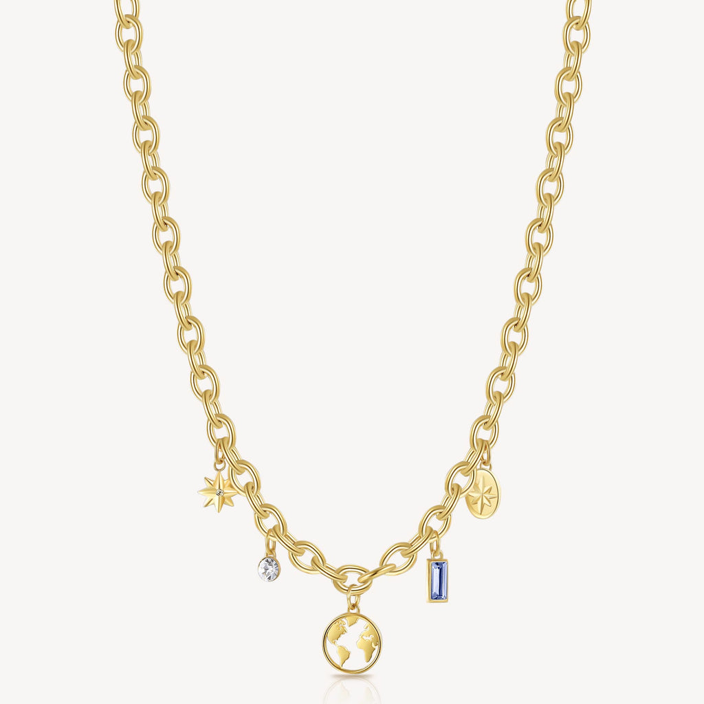 Yellow stainless steel necklace with colorful gemstones.