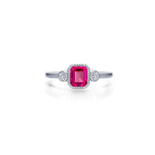 Color Gemstone Ring in Platinum Bonded Sterling Silver White with 1 Emerald Simulated Ruby