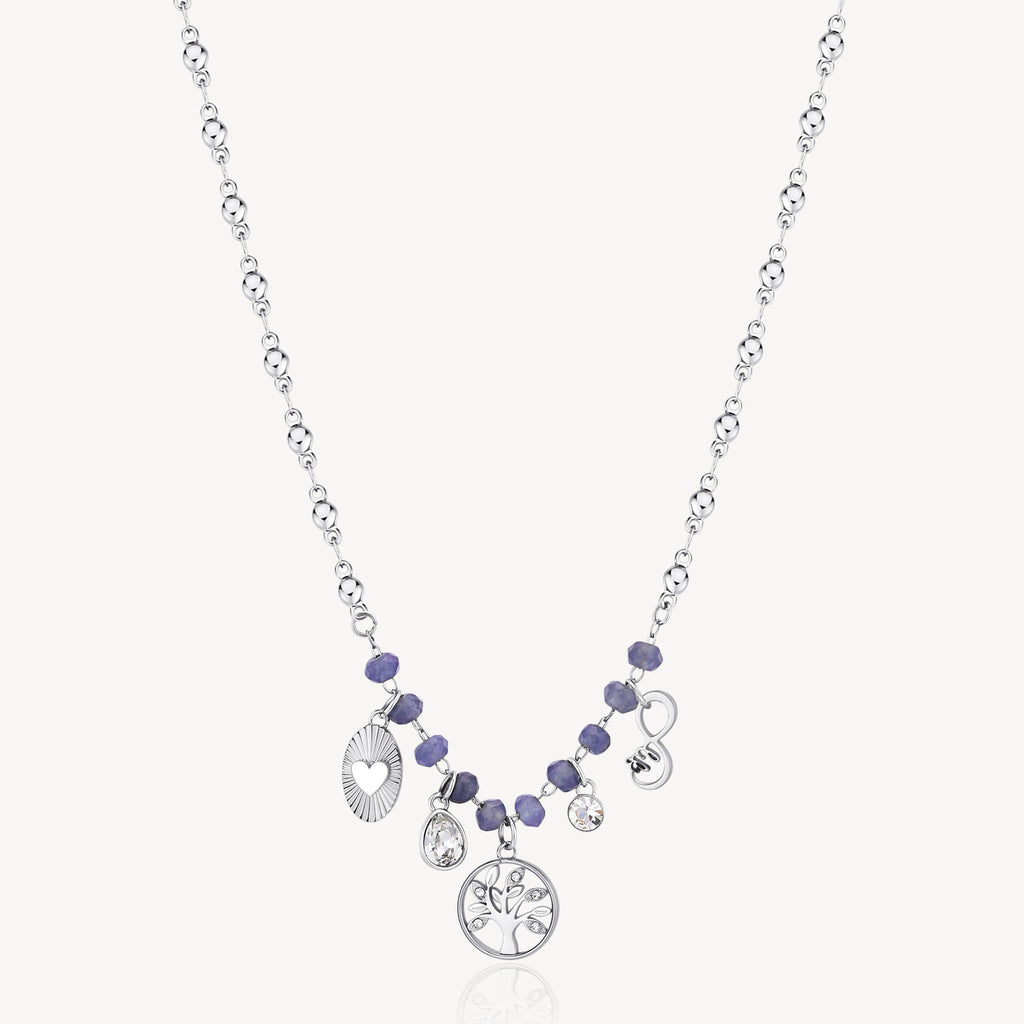 Stainless steel necklace with purple gemstones.