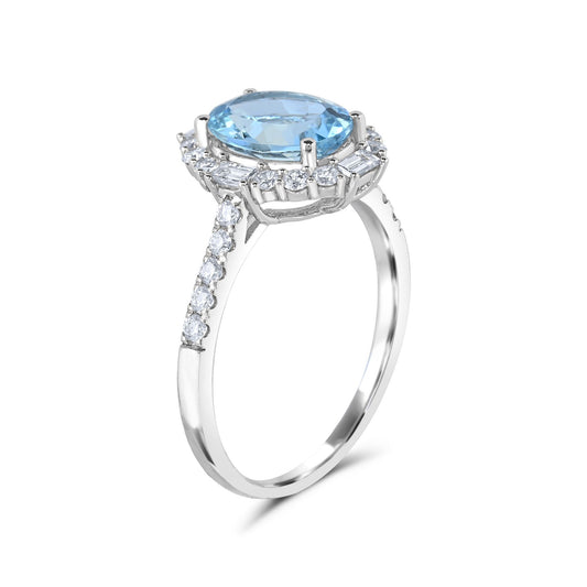 Halo Color Gemstone Ring in 14 Karat White with 1 Oval Aquamarine 1.70ctw 9mm-9mm
