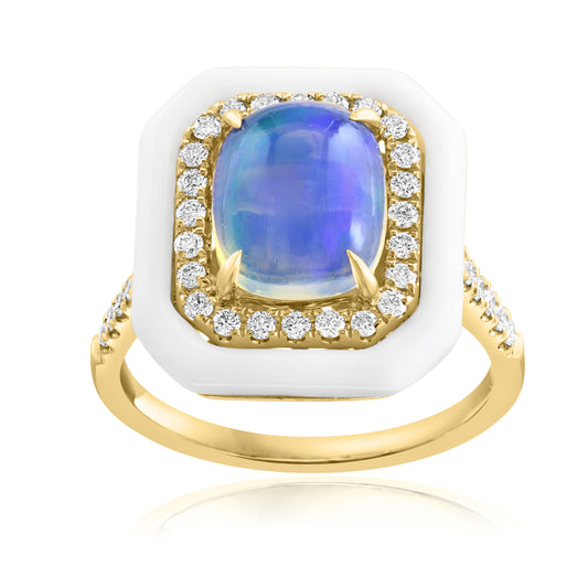 Halo Color Gemstone Ring in 14 Karat Yellow with 1 Cushion Opal 2.38ctw