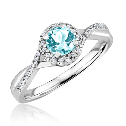 Semi-Precious Color Collection Color Gemstone Ring in Sterling Silver White with 1 Round Aquamarine 0.65ctw