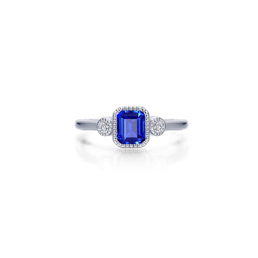 Color Gemstone Ring in Platinum Bonded Sterling Silver White with 1 Emerald Simulated Sapphire
