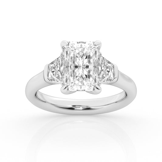 Three Stone Lab-Grown Diamond Complete Engagement Ring in 14 Karat White with 1 Radiant Lab Grown Diamond, Color: G, Clarity: VS2, totaling 4.09ctw