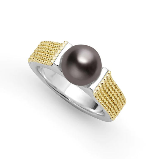 Luna Collection Color Gemstone Ring in Sterling Silver - 18 Karat White - Yellow with 1 Round Black Pearl