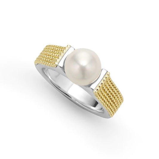 Luna Collection Color Gemstone Ring in Sterling Silver - 18 Karat White - Yellow with 1 Round White Pearl