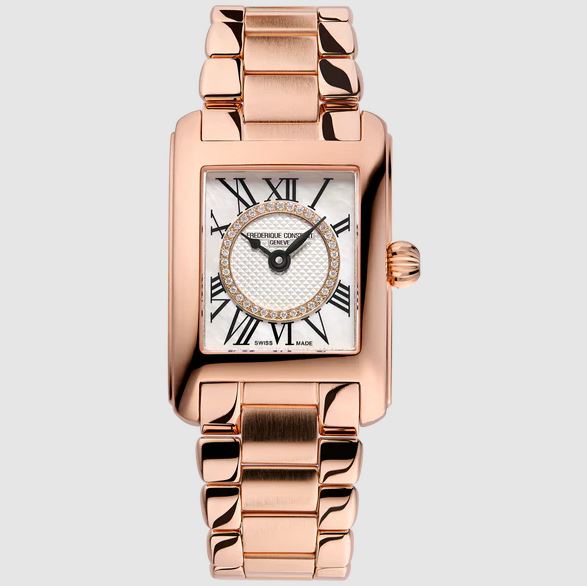 Rose gold watch with diamond accents.