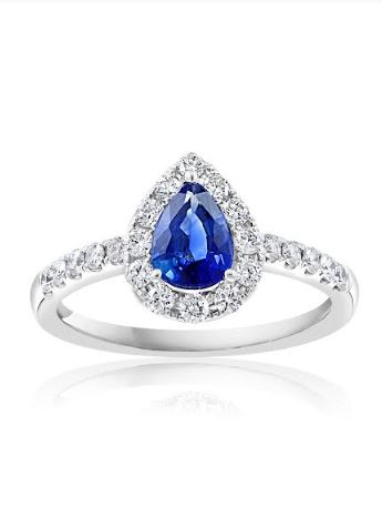 Halo Color Gemstone Ring in 18 Karat White with 1 Pear Sapphire 0.92ctw