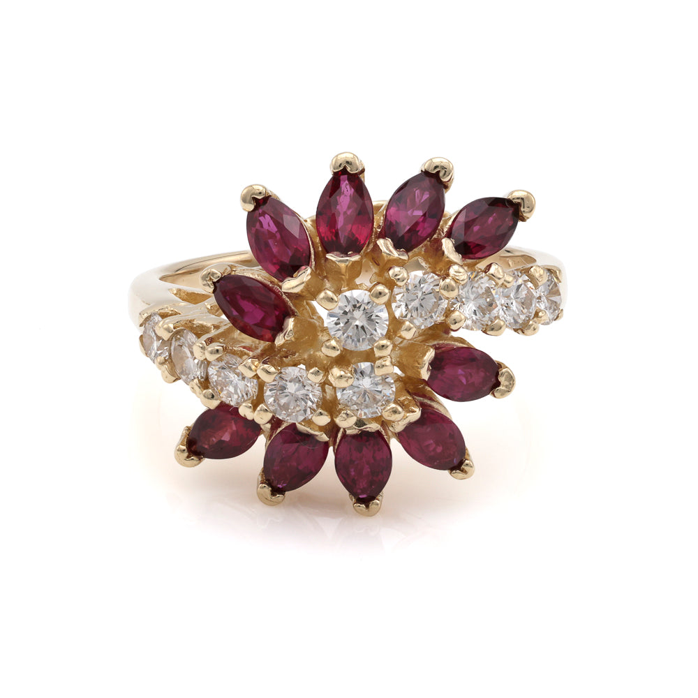 Marks Estate Dept 1 Color Gemstone Ring in 14 Karat Yellow Gold with 10 Marquise Rubies 1.50ctw 4.8mm