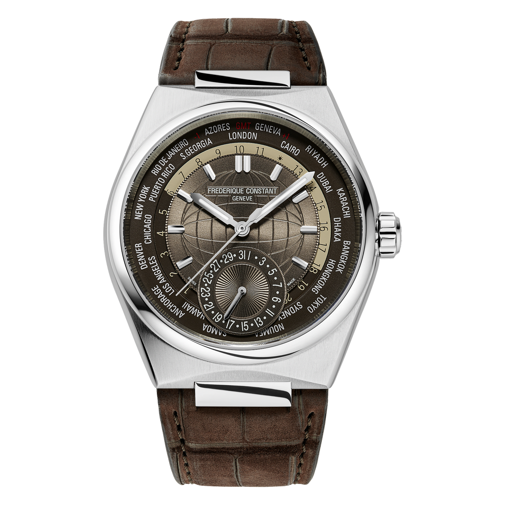 Brown dial, stainless steel case, leather band.