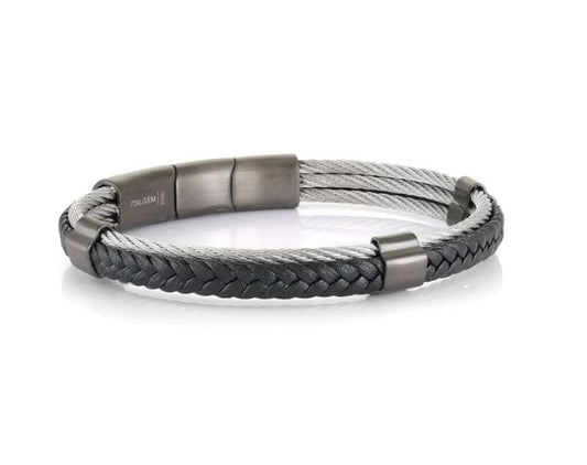 Bracelet (No Stones) in Stainless Steel - Leather Black - Grey