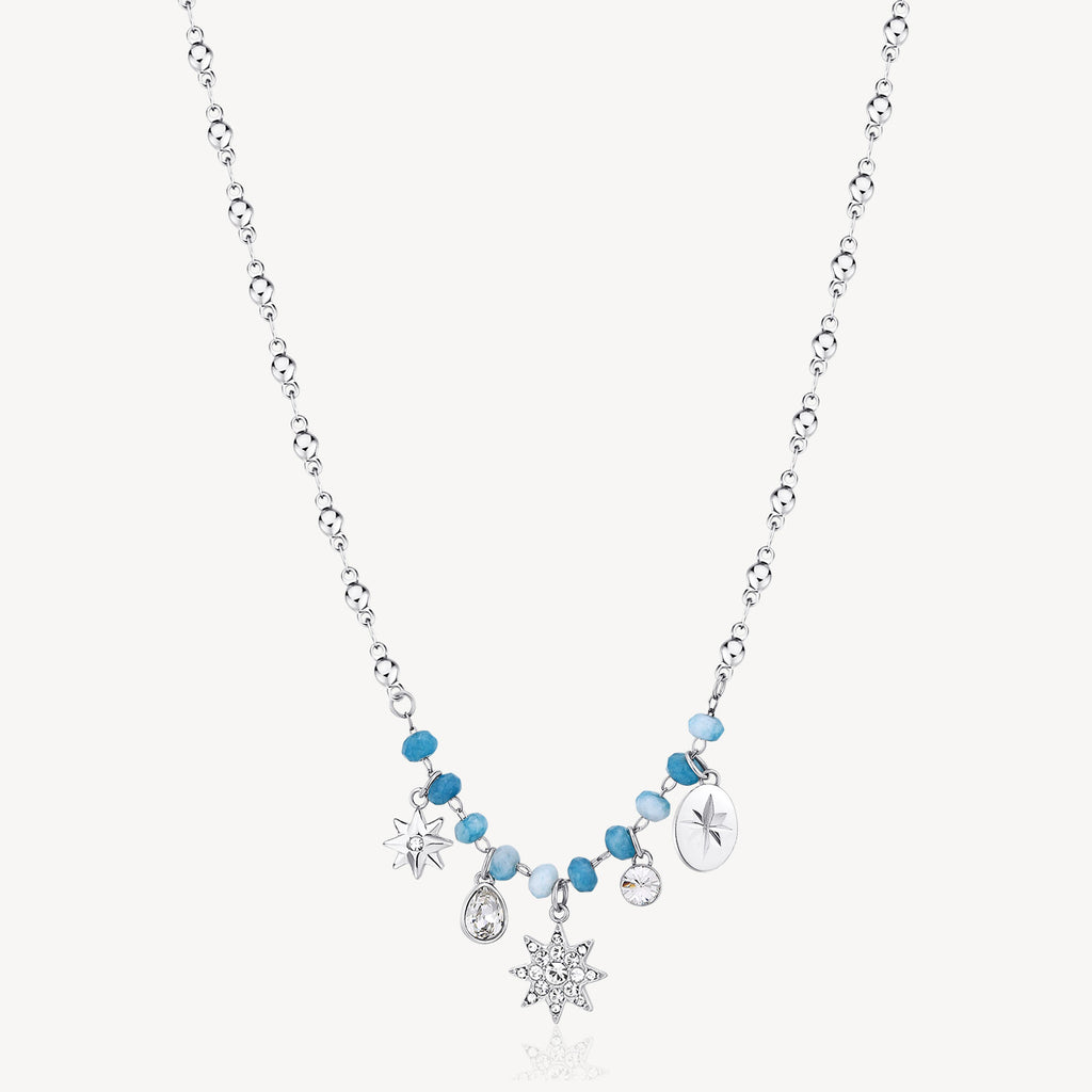 Stainless steel necklace with blue gemstones.