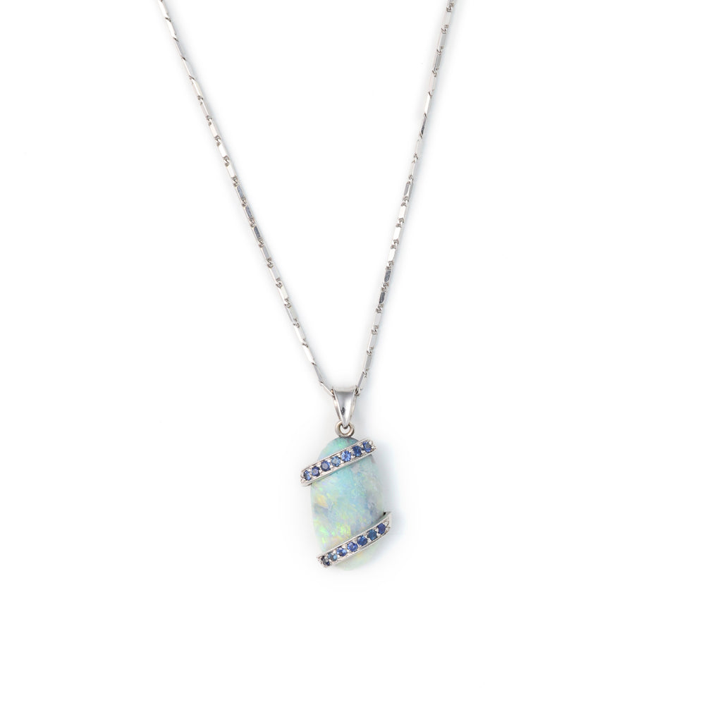 ReMarkable Estate Color Gemstone Necklace with Oval Opal Pendant in 14 Karat White Gold