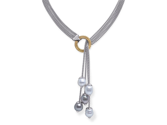 Lariat Color Gemstone Necklace in Stainless Steel Cable White - Yellow with 5 Freshwater Pearls