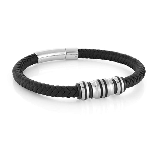Bracelet (No Stones) in Stainless Steel - Leather White - Black