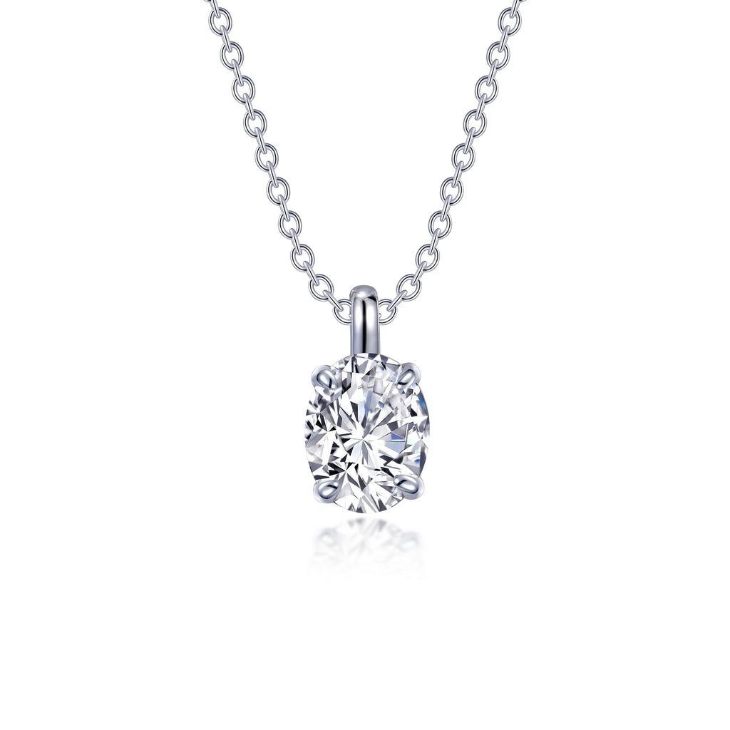 Oval simulated diamond pendant, platinum-bonded silver.