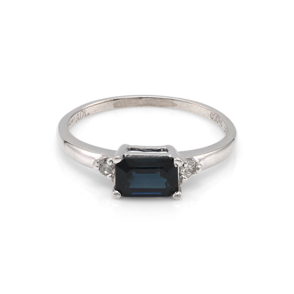 Platinum ring with blue sapphire centerpiece.