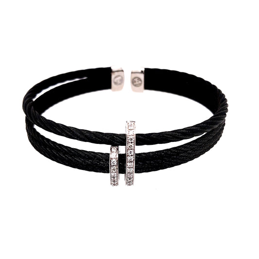 Natural Diamond Bracelet in Stainless Steel Cable - 18 Karat White - Black with 0.19ctw Round Diamond