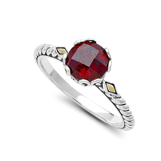 Color Gemstone Ring in Sterling Silver - 18 Karat White - Yellow with 1 Round Garnet