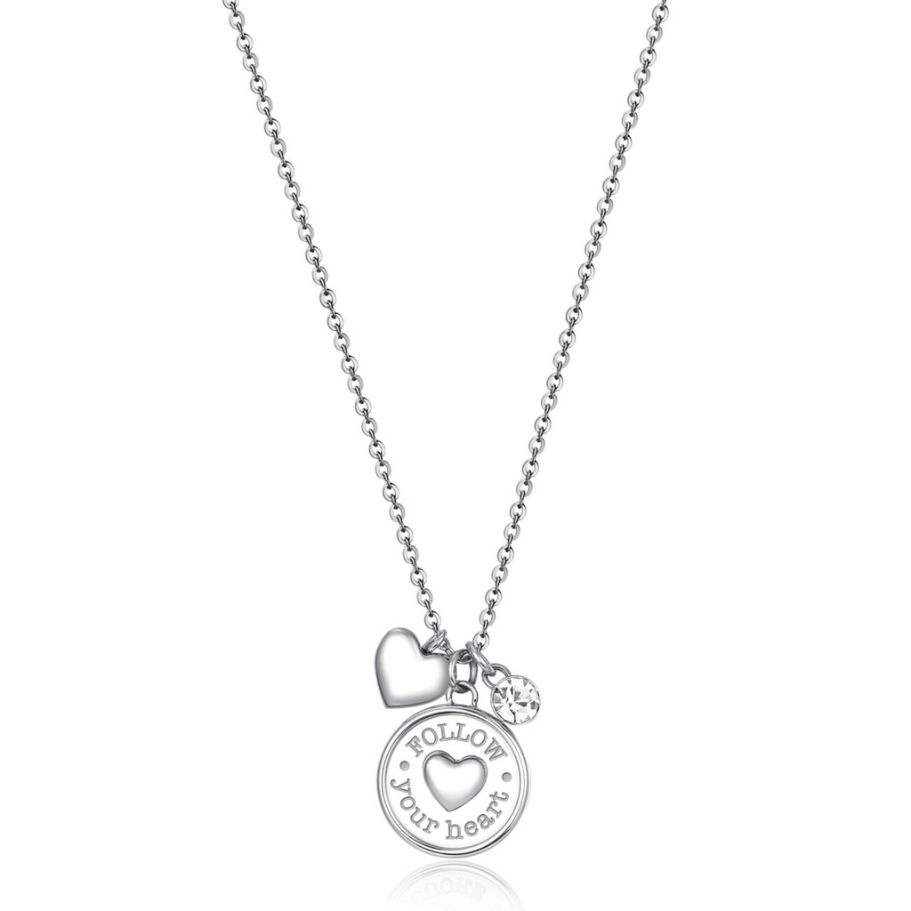 Stainless steel pendant necklace with heart charms.