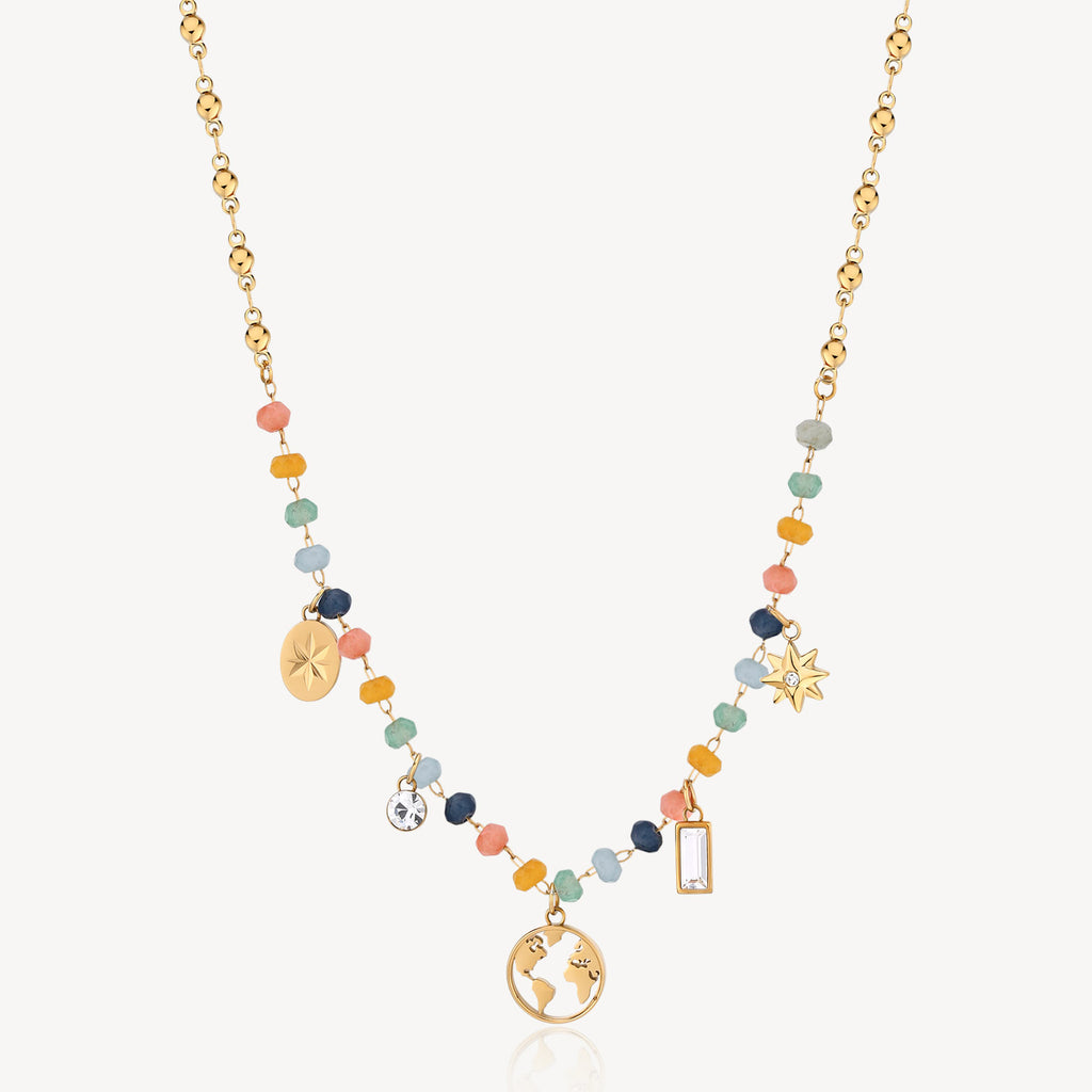 Colorful gemstone necklace with gold charms.