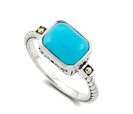 Color Gemstone Ring in Sterling Silver - 18 Karat White - Yellow with 1 Cabochon Turquoise