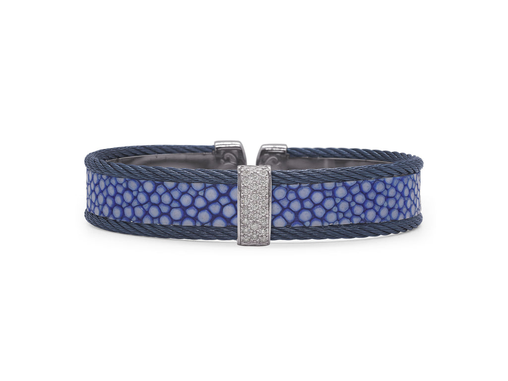 Blue diamond bracelet with stainless steel cable.