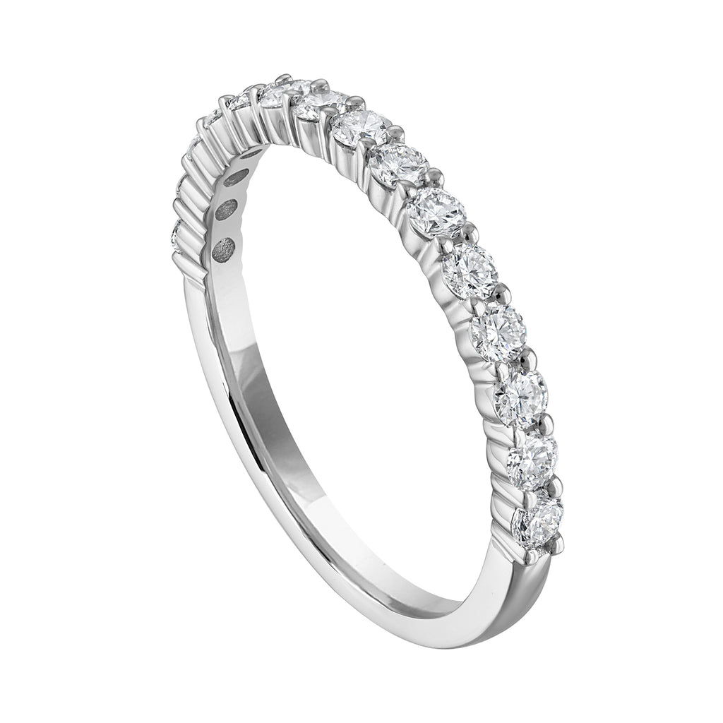 14K white gold band with round diamonds.