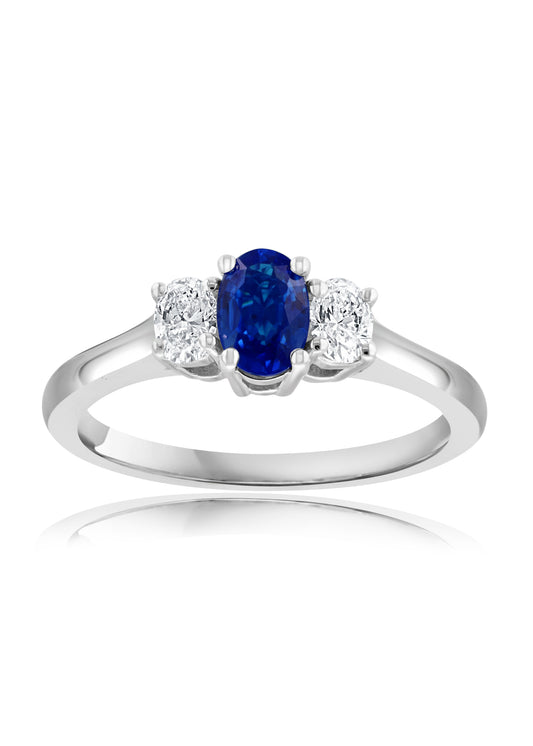 Diamond Accent Color Gemstone Ring in 18 Karat White with 1 Oval Sapphire 0.56ctw
