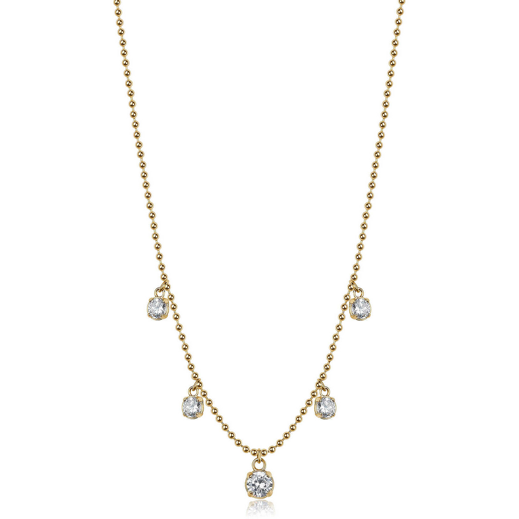 Gold-tone necklace with simulated diamond pendants.