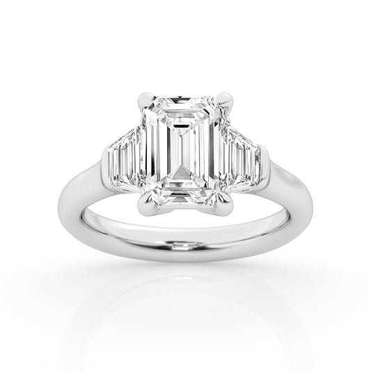Three Stone Lab-Grown Diamond Complete Engagement Ring in 14 Karat White with 1 Emerald Lab Grown Diamond, Color: F, Clarity: VS2, totaling 4.26ctw