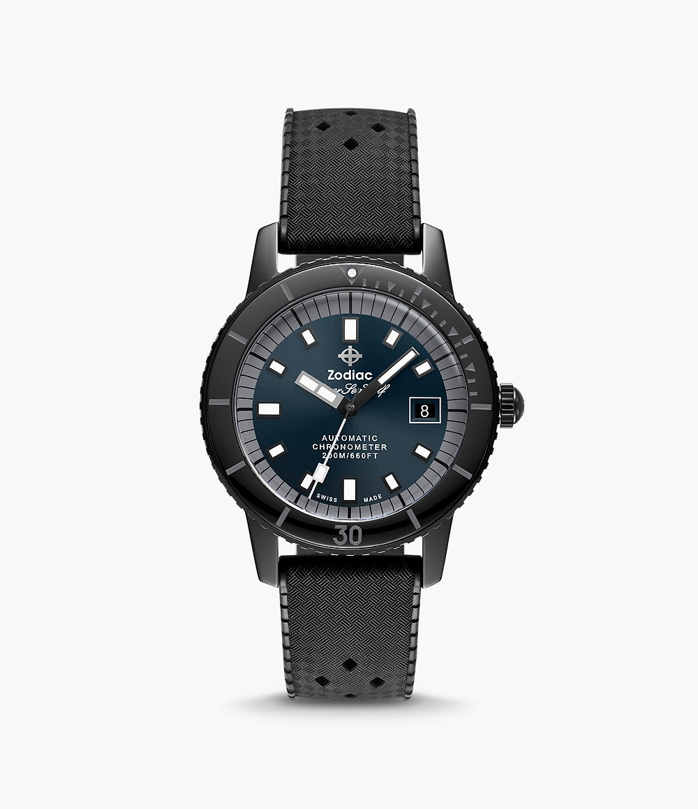 Black dial, stainless steel, rubber strap watch.