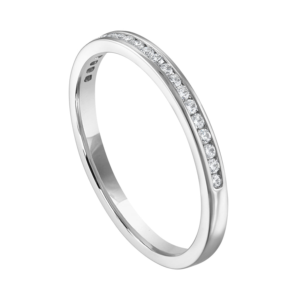 14K white gold band with round diamonds.
