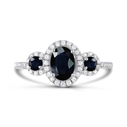 Halo Color Gemstone Ring in 14 Karat White with 3 Various Shapes Sapphires 1.28ctw