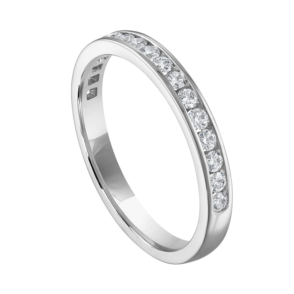 14K white gold band with round diamonds.