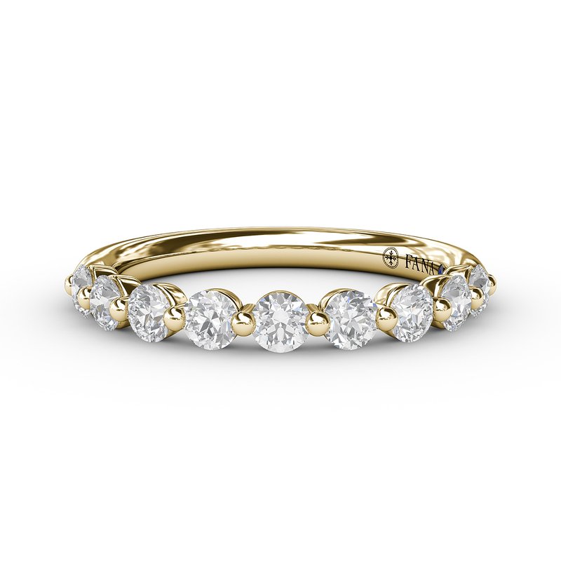 14K yellow gold band with round diamonds.