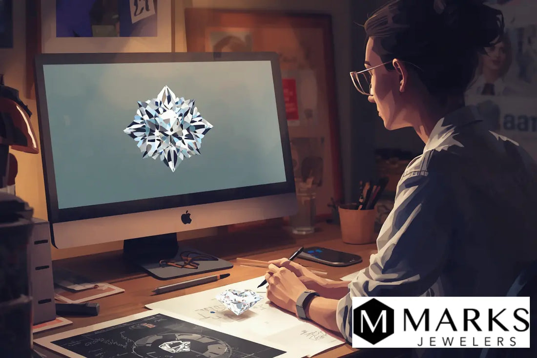 Designer reviewing a 3D JEWLVISION™ rendering on screen alongside a sketch and a loose diamond