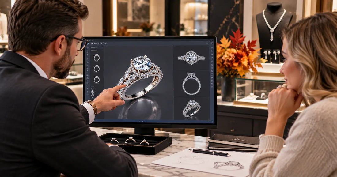 Custom jewelry design consultation at Marks Jewelers showing a JEWLVISION 3D rendering for fall 2026