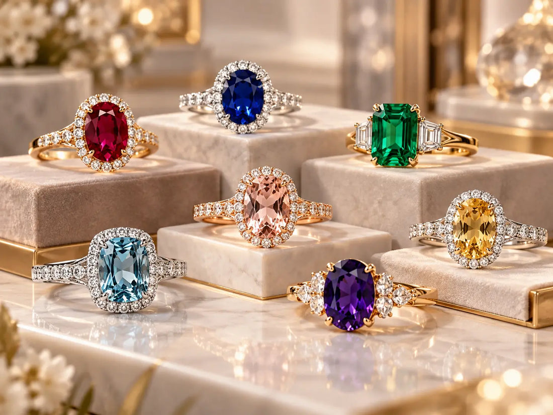 colored gemstones ring display
