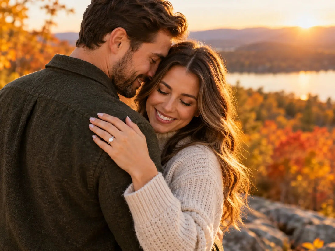 Fall proposal engagement rings Mount Laurel NJ couple in autumn