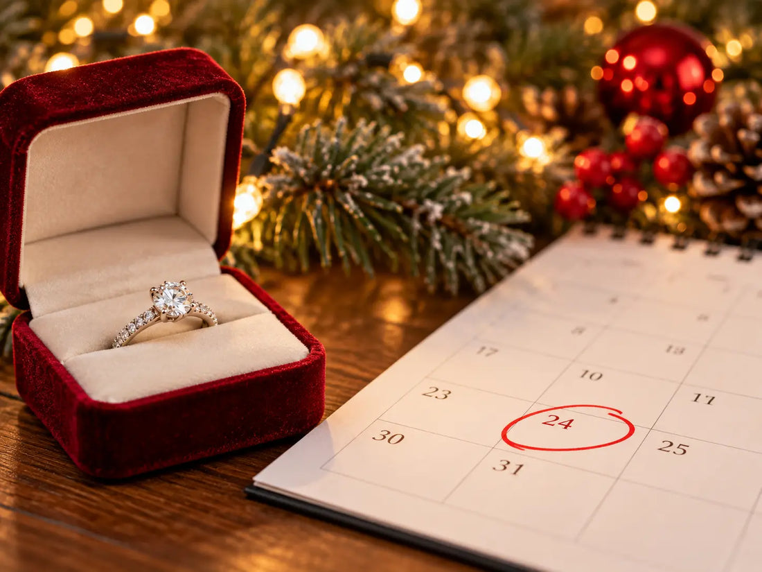 Engagement ring box next to a holiday calendar for planning a Christmas proposal at Marks Jewelers