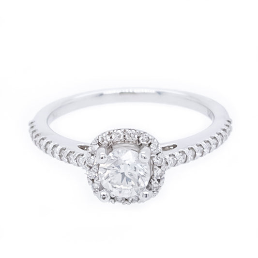 ReMARKable Designs Halo Hidden Accent Natural Diamond Complete Engagement Ring in 14 Karat White Gold with 0.51ctw Round Diamond, Clarity: SI1, Color: G
